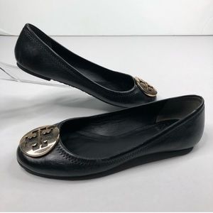 Tory Burch Women’s Black with Gold Logo Leather Reva Flats Size 7M
